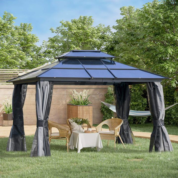 10' x 12' Alora Hardtop Gazebo Canopy with Polycarbonate Double Roof, Netting, and Curtains - Your Outdoor Oasis