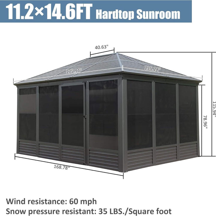 11' x 14' Premium All-Season Aluminum Hardtop Gazebo Sunroom with Galvanized Steel Roof, Sliding Doors, and Movable Screen Walls