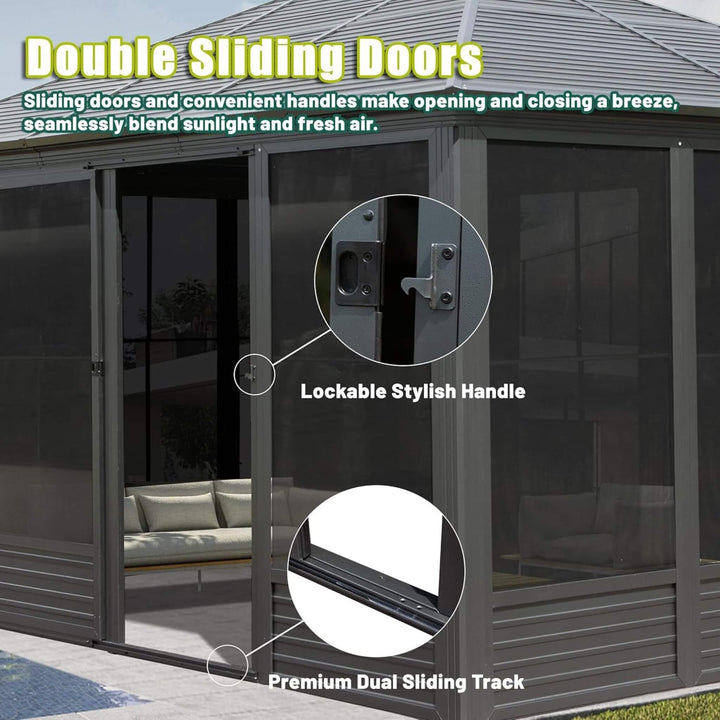 11' x 14' Premium All-Season Aluminum Hardtop Gazebo Sunroom with Galvanized Steel Roof, Sliding Doors, and Movable Screen Walls