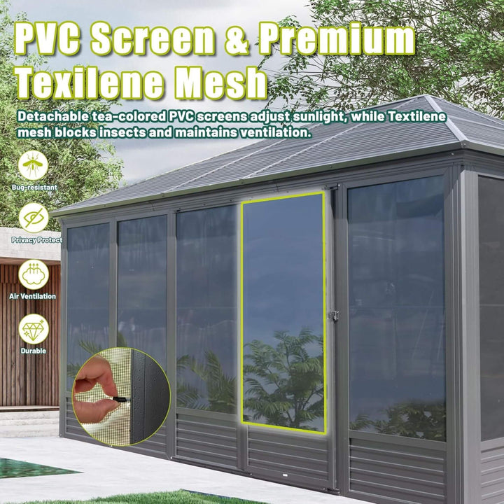 11' x 14' Premium All-Season Aluminum Hardtop Gazebo Sunroom with Galvanized Steel Roof, Sliding Doors, and Movable Screen Walls