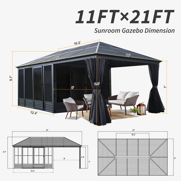 11' x 21' Alora All-Season Solarium Sunroom Gazebo - Elegant Outdoor Living with Galvanized Steel Roof