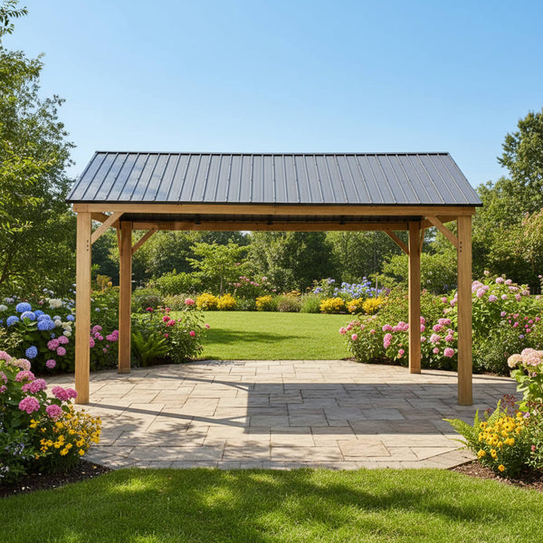 Alora 12' x 14' Hardtop Gazebo: All-Weather Outdoor Shelter with Realistic Wood-Grain Aluminum Frame and Galvanized Steel Roof