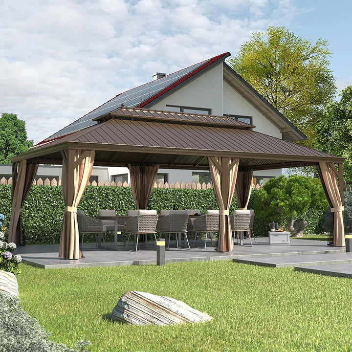 14' x 24' Alora Heavy-Duty Aluminum Galvanized Steel Double Roof Hardtop Gazebo with Mosquito Netting and Curtains