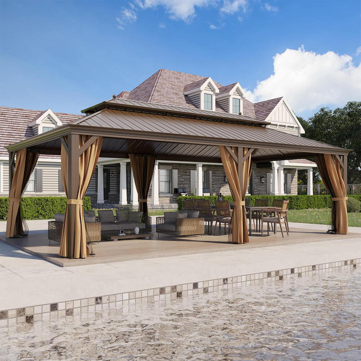 14' x 24' Alora Heavy-Duty Aluminum Galvanized Steel Double Roof Hardtop Gazebo with Mosquito Netting and Curtains