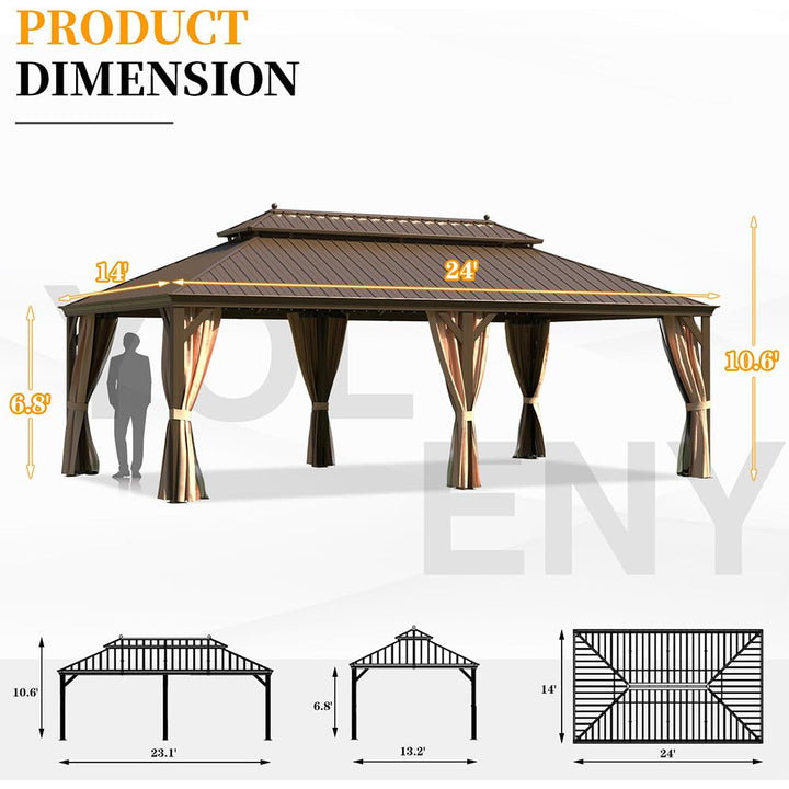 14' x 24' Alora Heavy-Duty Aluminum Galvanized Steel Double Roof Hardtop Gazebo with Mosquito Netting and Curtains