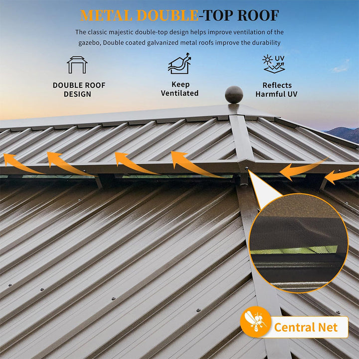 14' x 24' Alora Heavy-Duty Aluminum Galvanized Steel Double Roof Hardtop Gazebo with Mosquito Netting and Curtains