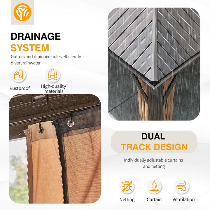 14' x 24' Alora Heavy-Duty Aluminum Galvanized Steel Double Roof Hardtop Gazebo with Mosquito Netting and Curtains