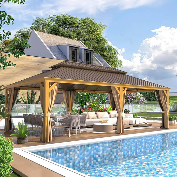 14' x 24' Alora Heavy-Duty Aluminum Galvanized Steel Double Roof Hardtop Gazebo with Mosquito Netting and Curtains