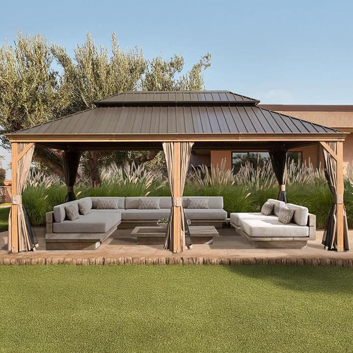 14' x 24' Alora Heavy-Duty Aluminum Galvanized Steel Double Roof Hardtop Gazebo with Mosquito Netting and Curtains