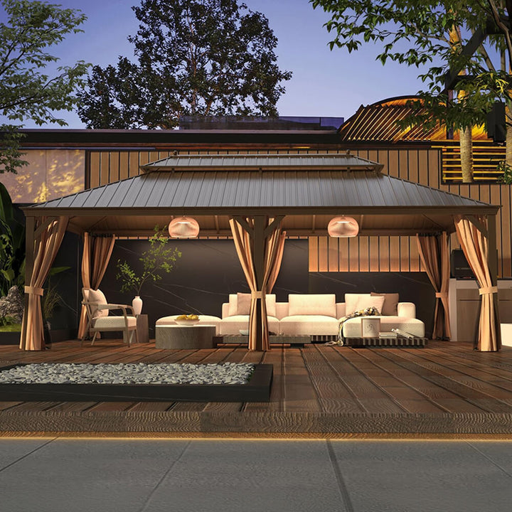 14' x 24' Alora Heavy-Duty Aluminum Galvanized Steel Double Roof Hardtop Gazebo with Mosquito Netting and Curtains