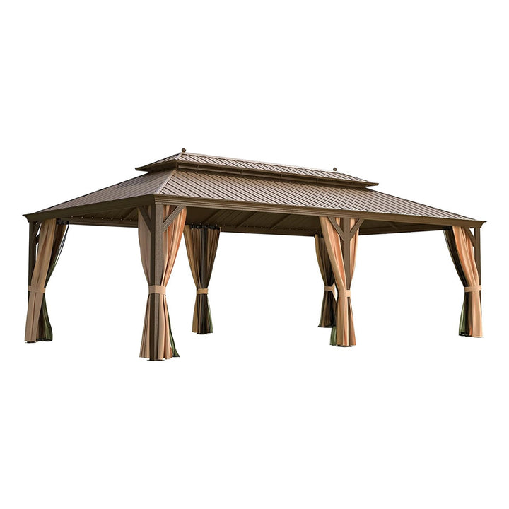 14' x 24' Alora Heavy-Duty Aluminum Galvanized Steel Double Roof Hardtop Gazebo with Mosquito Netting and Curtains