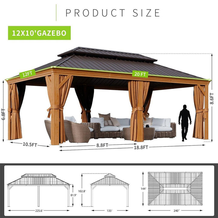 12' x 20' Alora Premium Aluminum Hardtop Gazebo with Mosquito Netting and Privacy Curtains - Durable, Weather-Resistant Outdoor Shelter