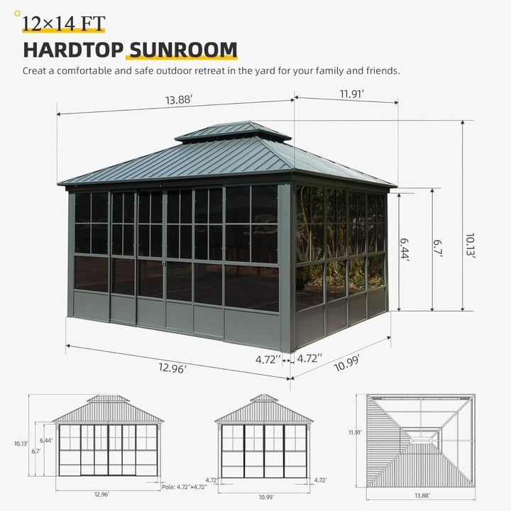 12' x 14' Premium All-Season Aluminum Gazebo with Double Roof and Steel Top - Heavy-Duty Backyard Sunroom for Ultimate Outdoor Comfort