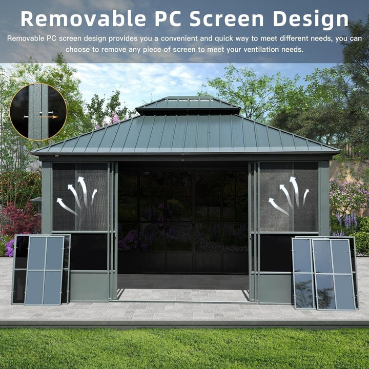12' x 14' Premium All-Season Aluminum Gazebo with Double Roof and Steel Top - Heavy-Duty Backyard Sunroom for Ultimate Outdoor Comfort