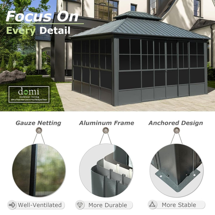 12' x 14' Premium All-Season Aluminum Gazebo with Double Roof and Steel Top - Heavy-Duty Backyard Sunroom for Ultimate Outdoor Comfort