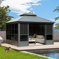 12' x 14' Premium All-Season Aluminum Gazebo with Double Roof and Steel Top - Heavy-Duty Backyard Sunroom for Ultimate Outdoor Comfort