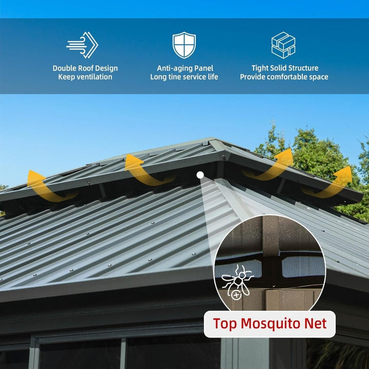 12' x 14' Premium All-Season Aluminum Gazebo with Double Roof and Steel Top - Heavy-Duty Backyard Sunroom for Ultimate Outdoor Comfort