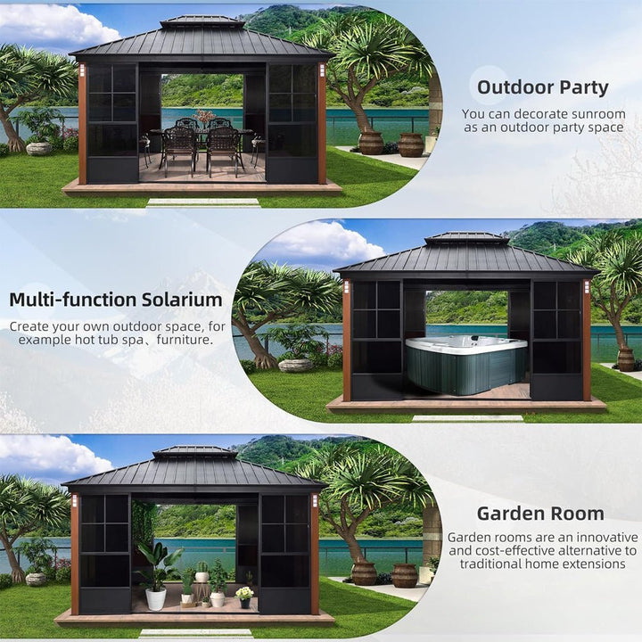 12' x 14' Heavy-Duty Aluminum Patio Gazebo: All-Weather Sun Room with Double Steel Top & LED Lighting