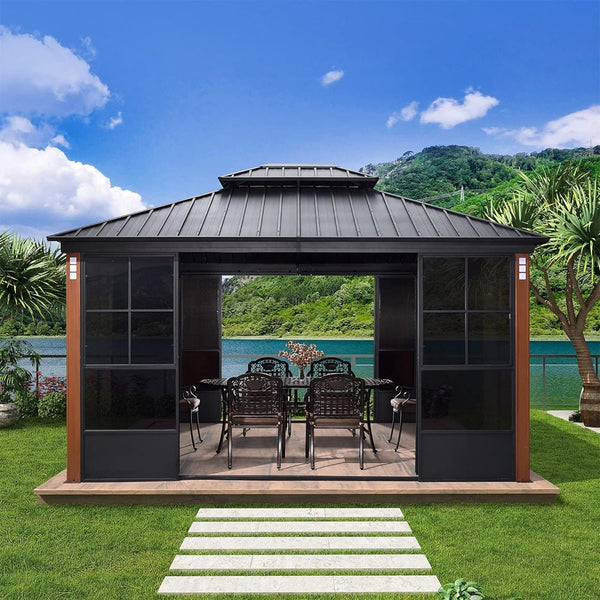 12' x 14' Heavy-Duty Aluminum Patio Gazebo: All-Weather Sun Room with Double Steel Top & LED Lighting