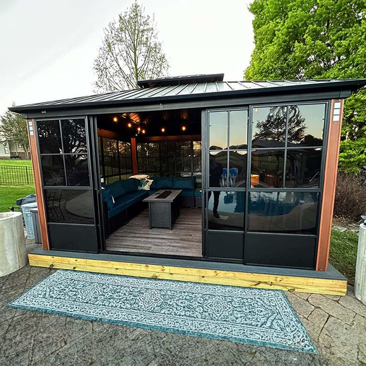 12' x 14' Heavy-Duty Aluminum Patio Gazebo: All-Weather Sun Room with Double Steel Top & LED Lighting