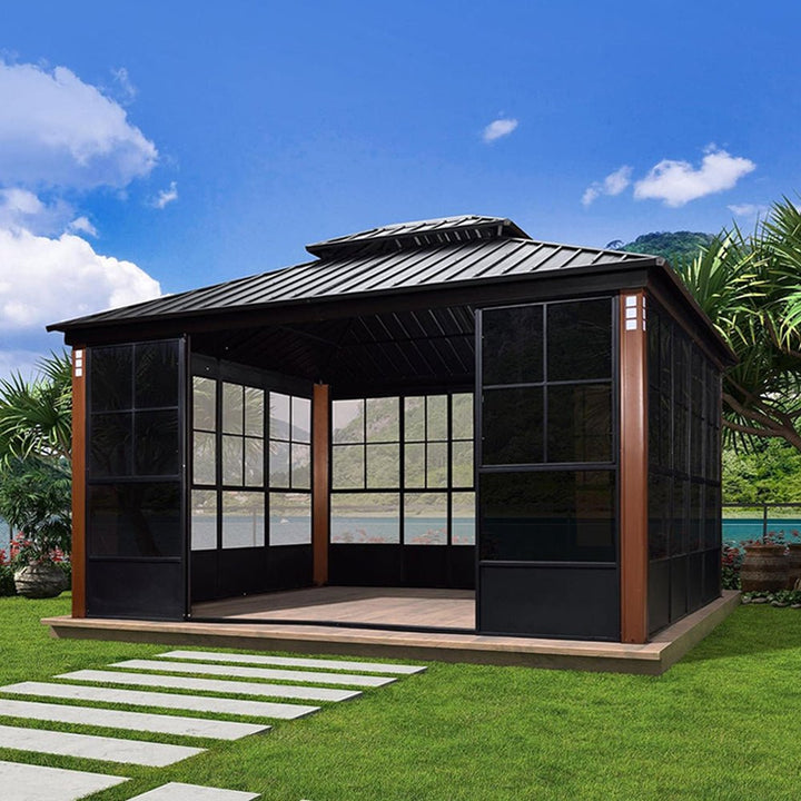 12' x 14' Heavy-Duty Aluminum Patio Gazebo: All-Weather Sun Room with Double Steel Top & LED Lighting