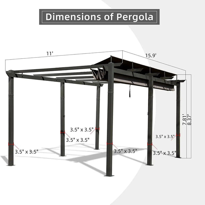 11' x 16' Retractable Aluminum Pergola Gazebo - Durable, Weather-Resistant Outdoor Shade Solution